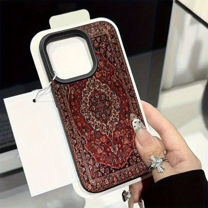 1 Stück Retro Roter Gemusterter Teppich Lychee-Muster Sturzsichere Handyhülle, Passend für iPhone 17 16 15 14 13 12 11 Pro Max 14 15 16Plus Handyhülle