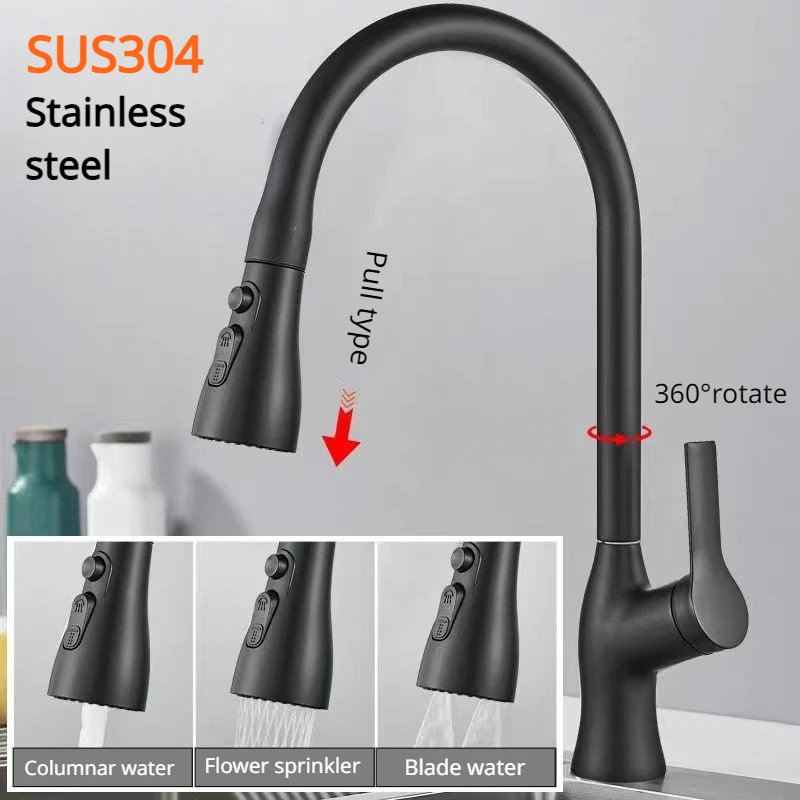 

304 Stainless steel Kitchen Faucet Single Hole Pull Out Spout Kitchen Sink Mixer Tap Stream Sprayer Head Chrome Black Mixer Tap