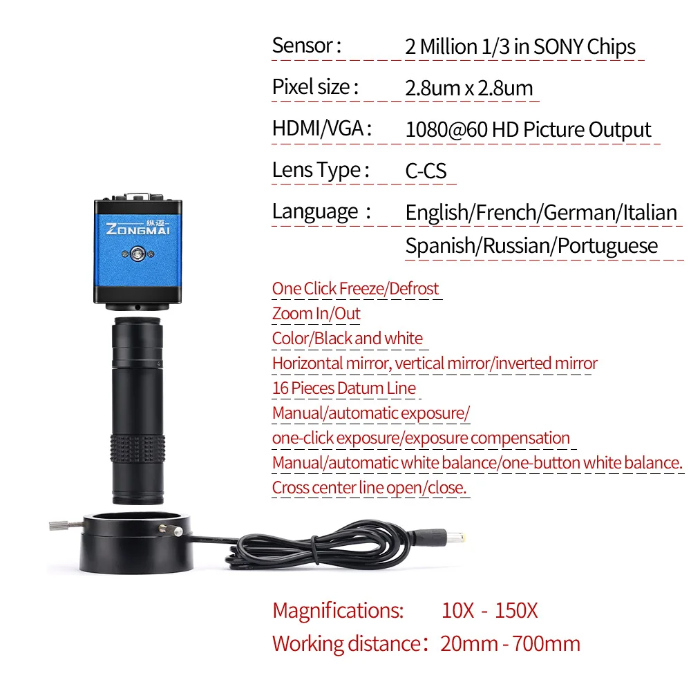 줌 150X 풀 HD 카메라 VGA/HDMI 포트 산업용 현미경 PCB 납땜 전화 수리를위한 조정 가능한 금속 암 스탠드 브래킷