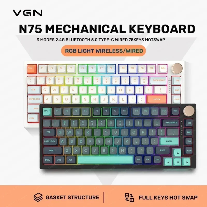 

Vgn N75 Pro Mechanical Keyboard Structure 75% Compact Design Hot-swappable Keys And Three-mode Bluetooth Connection Perfect Gift