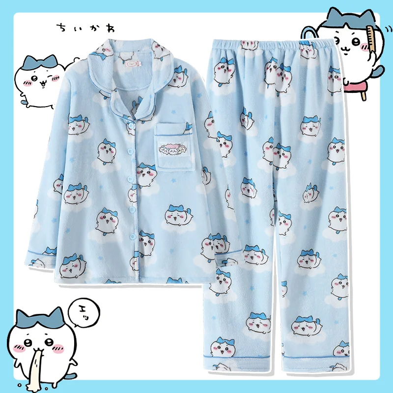 

Cute Chiikawa Anime Plush Pajamas Suits Long Sleeve Button Tops Long Pants Two Pieces Sets For Women Kawaii Soft Fleece Homewear