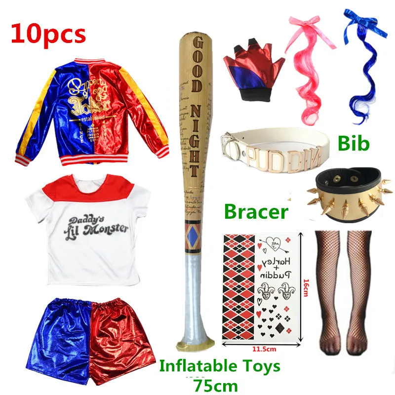 Carnival Kids Girls Suicide Harley Cosplay Costumes Squad Quinn Monster Joker Jacket Suit tattoo stickers cosplay costume