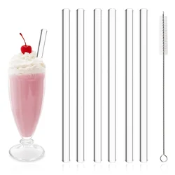 Deluxe Set of 7 Reusable Wide Glass Drinking Straws for Smoothies and Bubble Tea (Transparent)