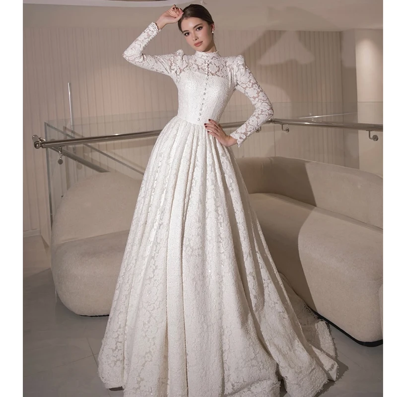 Vintage High Neck Dress High Neck Long Arm Wedding Dresses Long Sleeve  Retro Lace Wedding