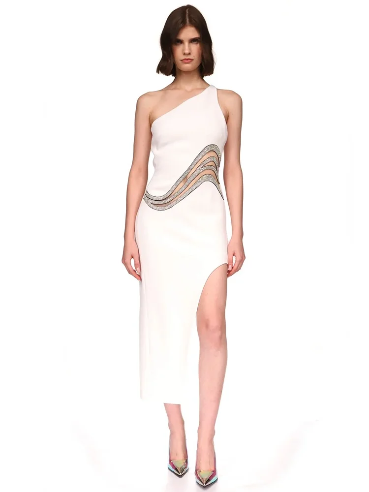 

BEVENCCEL 2023 New Women's One Shoulder Sleeveless Mesh Patch Diamond Club Evening Sexy Party Asymmetric Bandage Dress Vestidos