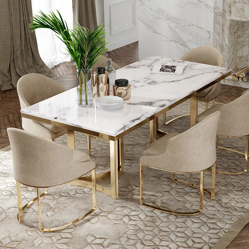 Dining Room Sets Stainless Steel Metal Marble Top Luxury Tables and Chairs Set for Apartment Customized