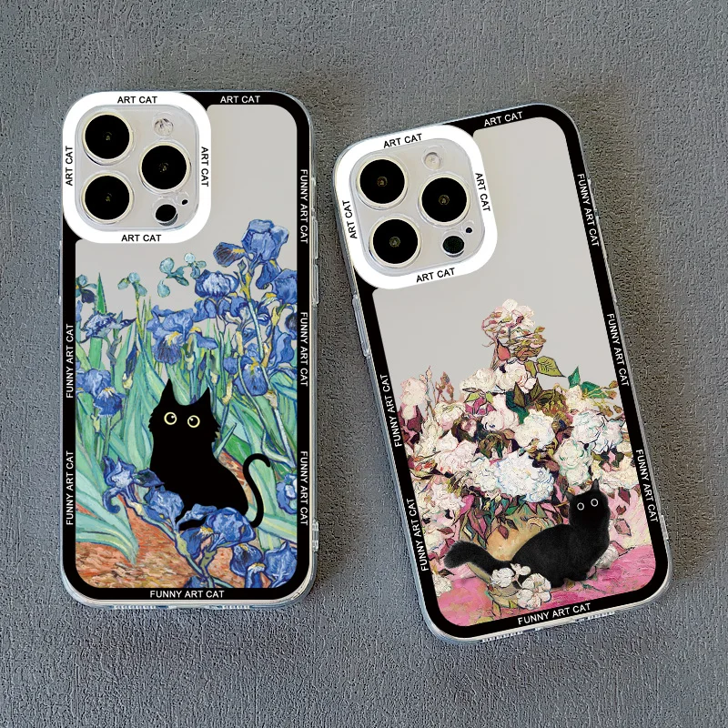 

Retro Oil Painting Van-Gogh Cat Clear Phone Case For iPhone 14 Pro Max Plus 7 8 Plus X XS XR 13 12 11 Pro Max Transparent Shell