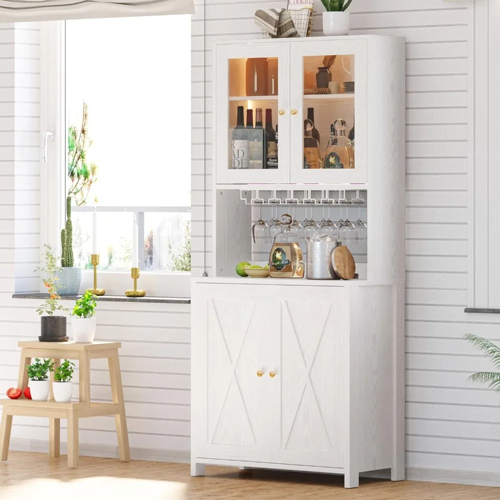 71&rdquo; Bar Cabinets LED Light Power Strip and Glass Holder Tall Freestanding Liquor Cabinet for Kitchen Dining Room White