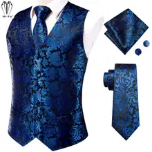 

Hi-Tie Designer Silk Mens Vests Navy Blue Floral Waistcoat Necktie Hankerchief Cufflinks Set for Men Dress Suit Wedding Business