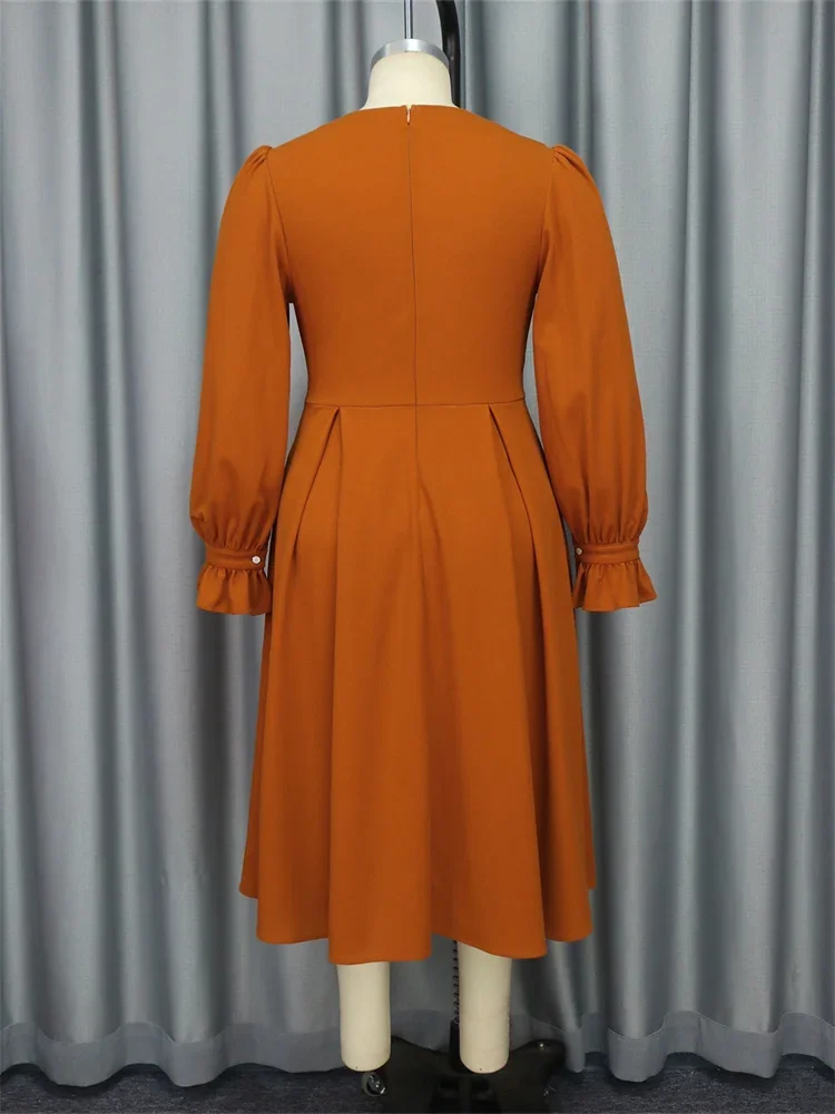 Wmstar Women Dress Brown V-neck Lantern Sleeves with Black Fungus Edge Evening Party Studded Pearl Dress Wholesale Dropshipping