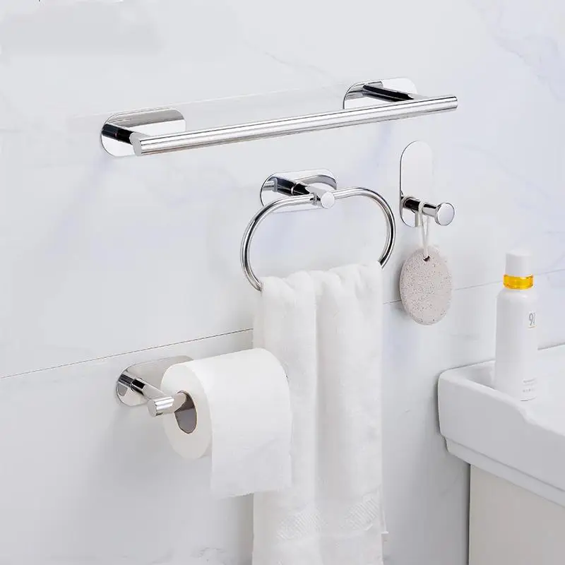 No Drilling Bathroom Hardware Set Self-Sticking Stainless Steel Brushed Towel Bar Paper Holder Ring Hook Accessories Hardware, bathroom hardware set, bathroom hardware accessories