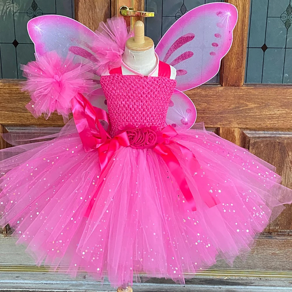 Robe en tulle rose à paillettes pour filles, robes tutu dégradées papillon  avec aile et nœud à cheveux anciers, costume de cosplay d'Halloween pour  enfants