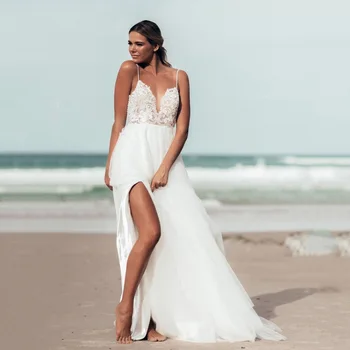 Abiti da sposa da spiaggia per donna Abiti da sposa Boho con scollo a V a fessura alta Abiti da sposa con applicazioni in pizzo Abiti da sposa personalizzati