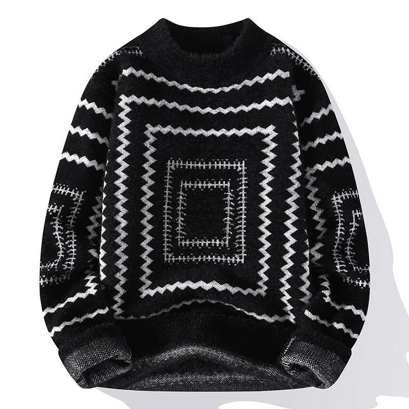 

#5852 Harajuku Streetwear Hip Hop Sweater Men Warm Mohair Sweater Male Thick Warm Knit Irregular Pullover Men's Sweater Winter