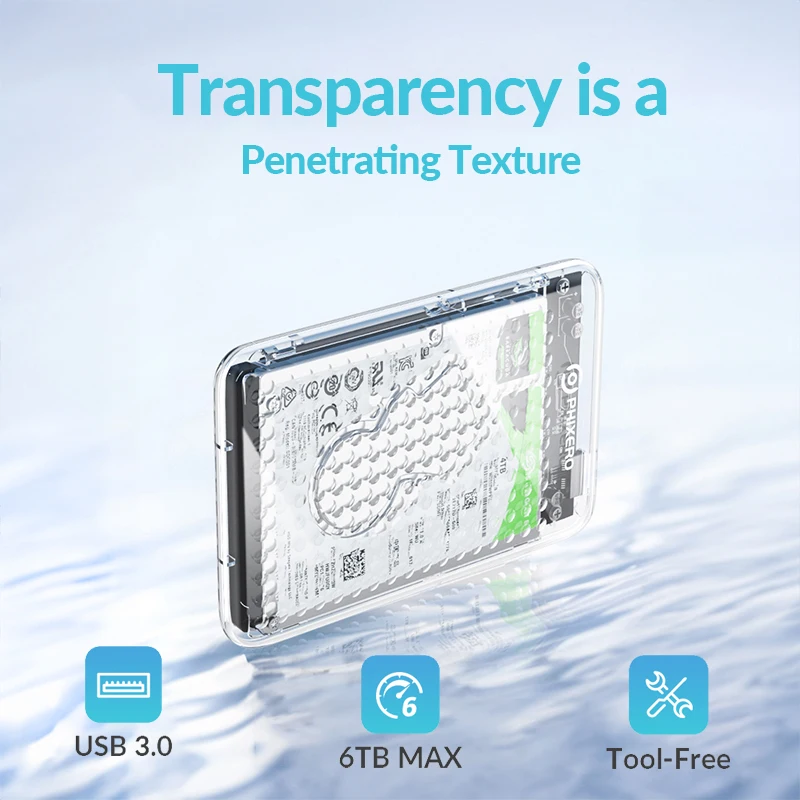 PHIXERO Transparent SATA to USB3.0 Hard Drive Enclosure 2.5 inch Type-C External HDD Case Support UASP for 6TB SSD/HDD Enclosure