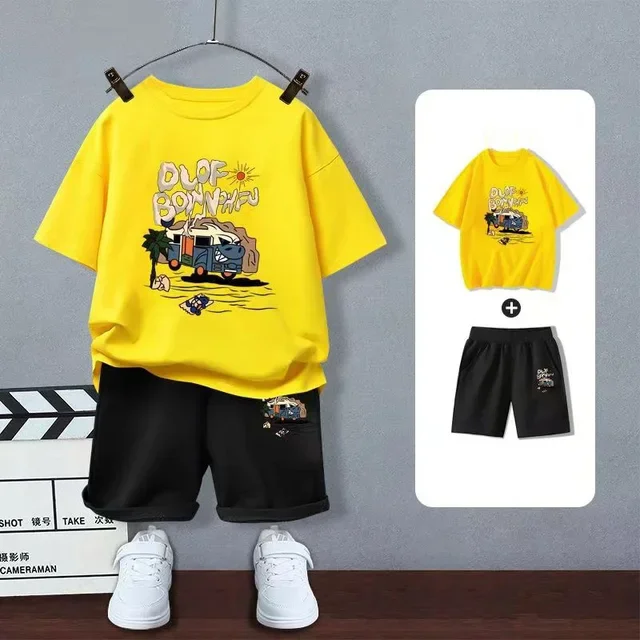 thumbnail image 1 of 2024 Nuevo traje de camiseta con estampado de grafiti para niños, diseño de dinosaurio, camiseta estampada + pantalones cortos, 2 piezas, conjunto de moda para niños y niñas, 1 of 5