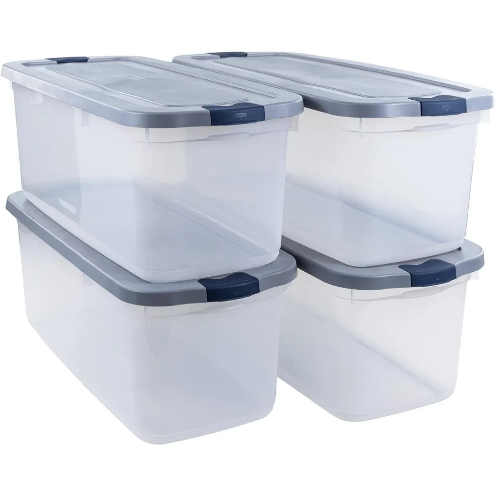 

Rubbermaid Roughneck Clear 95 Qt/23.75 Gal Storage Containers, Pack of 4 with Latching Grey Lids, Visible Base
