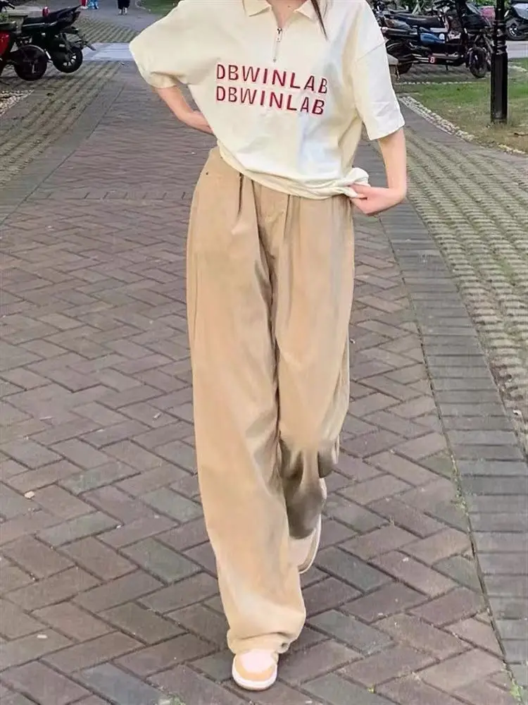 Khaki Wide Leg Pants Women Korean Fashion Harajuku Streetwear Casual Trousers 2023 Sping Vintage School Style Loose Bottoms