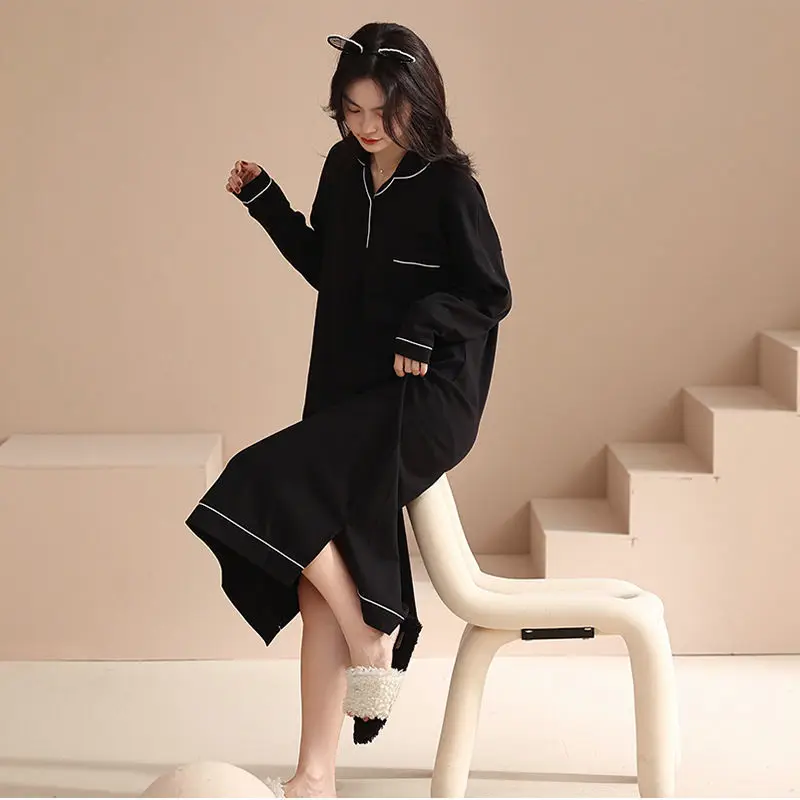 Black Straight Long Sleeve Nightgowns Women Fashion Mature Popular Harajuku Elegant Sleepwear Soft Tender Midi Nightdress Spring