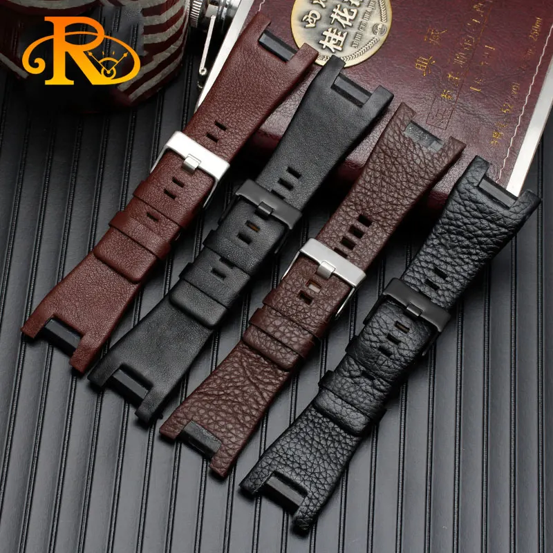 Bracelet De Montre En Cuir Véritable - Noir, Largeur 17mm, Longueur 32mm, Boucle Acier - Compatible Diesel DZ1216, DZ1273...