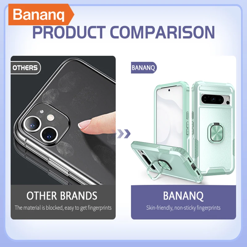 Bananq Shockproof Metal Finger Ring Stand Case For Google Pixel 8 7 6 Pro Magnetic Car Mount Holder Cover For Google Pixel 8A 7A