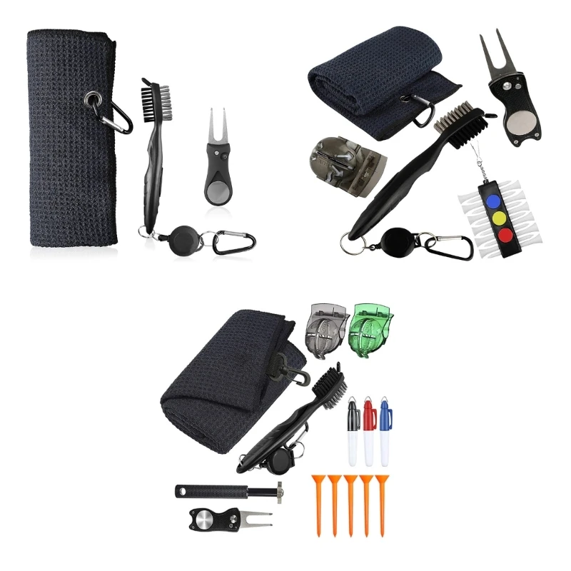 

Multi-in-1 Golf Club Cleaning Set Microfiber Towel Brush Divot Tool Line Marker and Repair Tool for Men Women