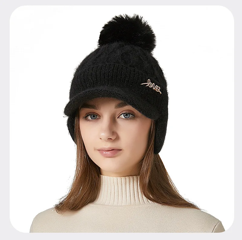 Tykke kanin høreværn Baseball kvinders vinter udendørs kuldesikret varmt hår Bolde strikket kasket Skullies Beanies_voghion.com