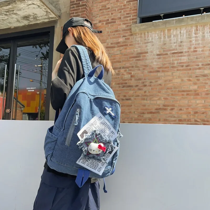 MINISO Hello Kitty Denim Color Block Backpack Large Capacity Cartoon Backpack Female College Student School Bag