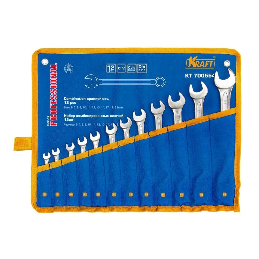 Набор гаечных ключей KRAFT КТ 700554 (12 штук комбинированные 6-22 мм хром-ванадиевая