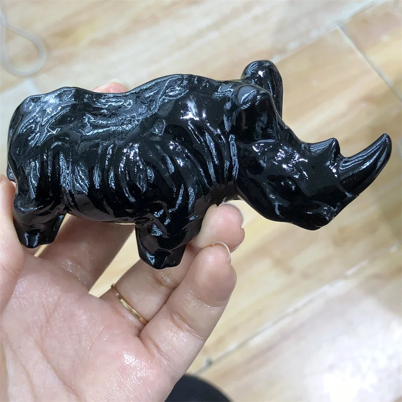 

Natural Black Obsidian Rhinoceros Figurine Stone Carved Crystal Animal Statue Sculpture For Decoration Gift 1PCS