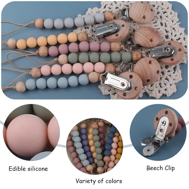 Beech Wood Chew Silicone Bead Pacifier Clips Dummy Chain Holder Newborn Soother Chains Nipple Holder Baby Teething Toys Gifts