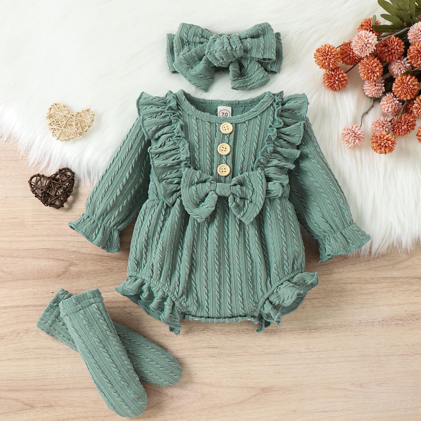 Infant Girls Ribbed Ruffles Long Sleeve Bowknot Romper Bodysuit Headbands Outfits Baby Clothes Mom Cotton Leotard Girls