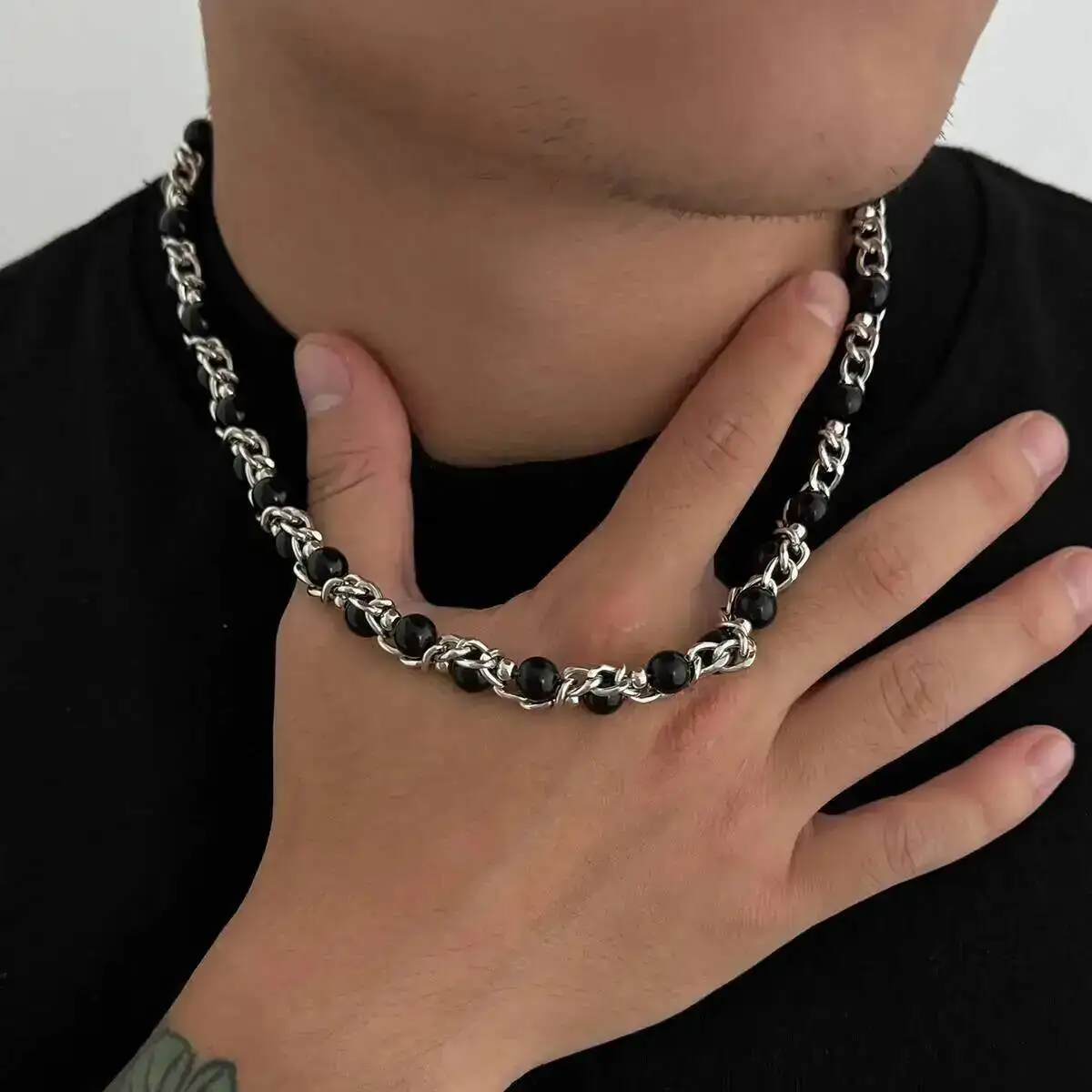 Lacteo 2025 Trendy Creative Imitation Pearl Beaded Chain Necklace Bracelet for Men Vintage Clavicle Chain Charm Jewelry Gift Set