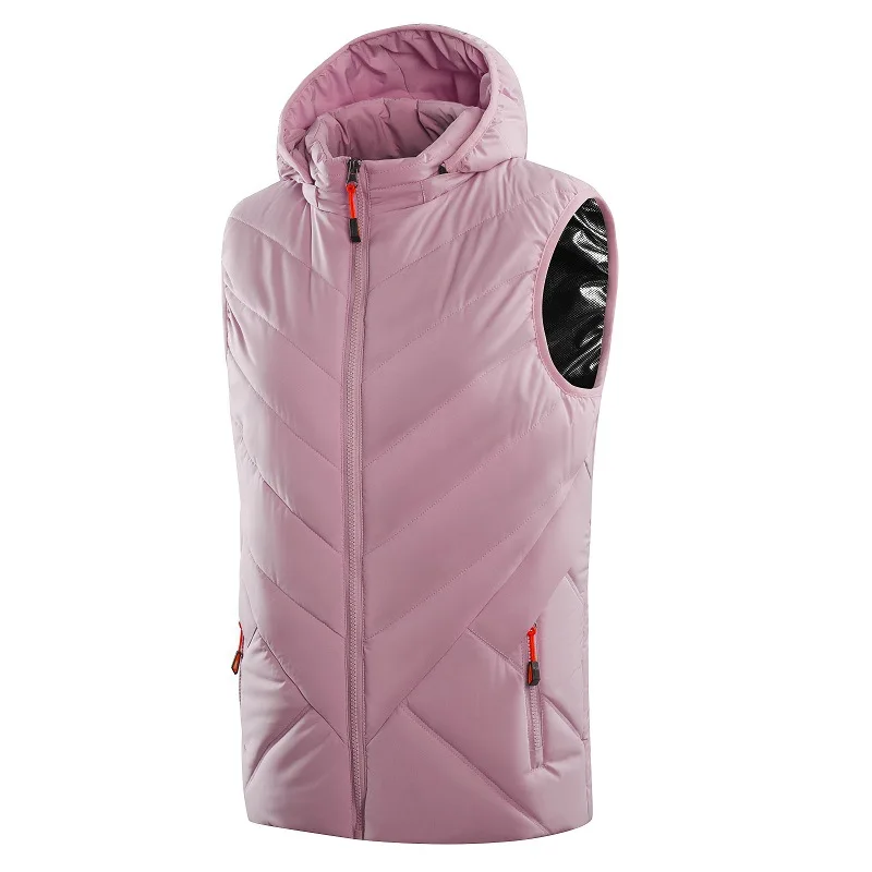 A women's pink vest with an adjustable hood and USB powered heat settings.