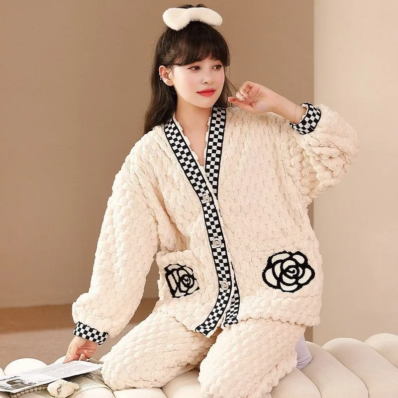 2023 Pajama Ladies Winter Autumn V-neck Plus Velvet Thickening Cartoon Cute Sweet Leisure Wear Can Wear Home Clothes
