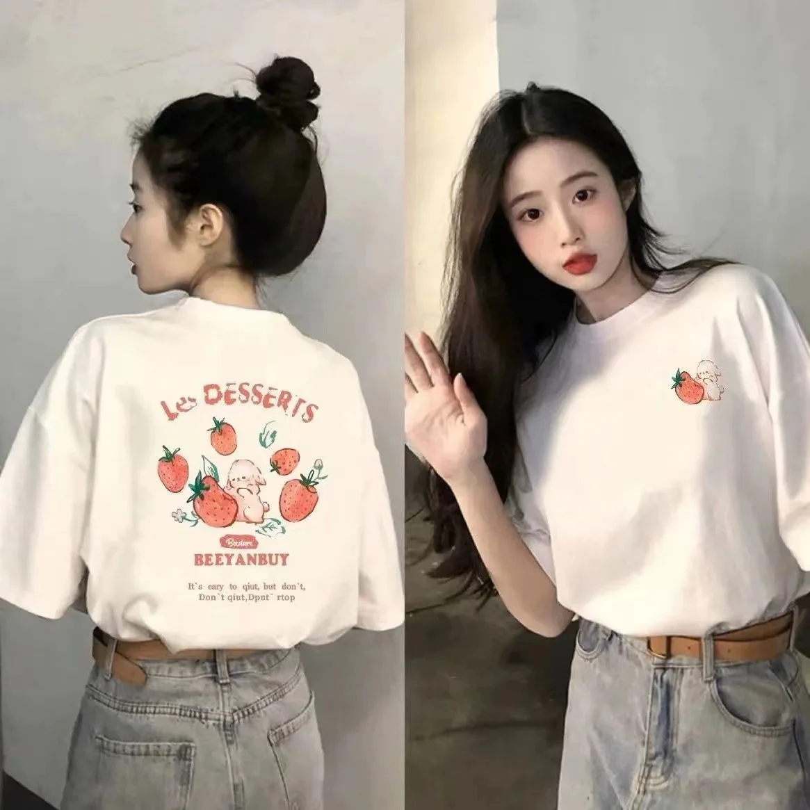 

100% Cotton Women T-shirt Cute Strawberries Printed Tee Shirt Summer Comfortable Loose Tops Street Fashion Female Clothes