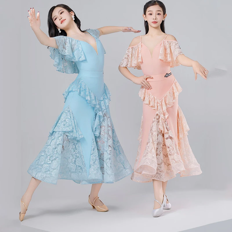Ballroom Dance Dress For Girls V-Neck Lace Performance Costumes Children Waltz Modern Dance Competition Clothing DQS15695
