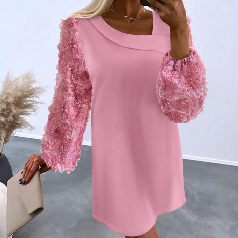 

2024 Spring Flower Long Sleeved Party Dress Elegant Diagonal Neck Loose Pullover Dress Women's Fashion Commuting A-line Dresses