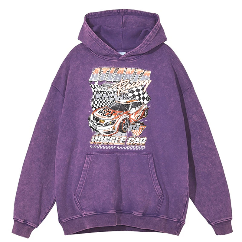thumbnail image 1 of Sudadera con capucha retro desgastada con diseño de coches de carreras de Atlanta para hombre, estilo hip hop, informal, 100 % algodón, de gran tamaño, holgada, 1 of 4
