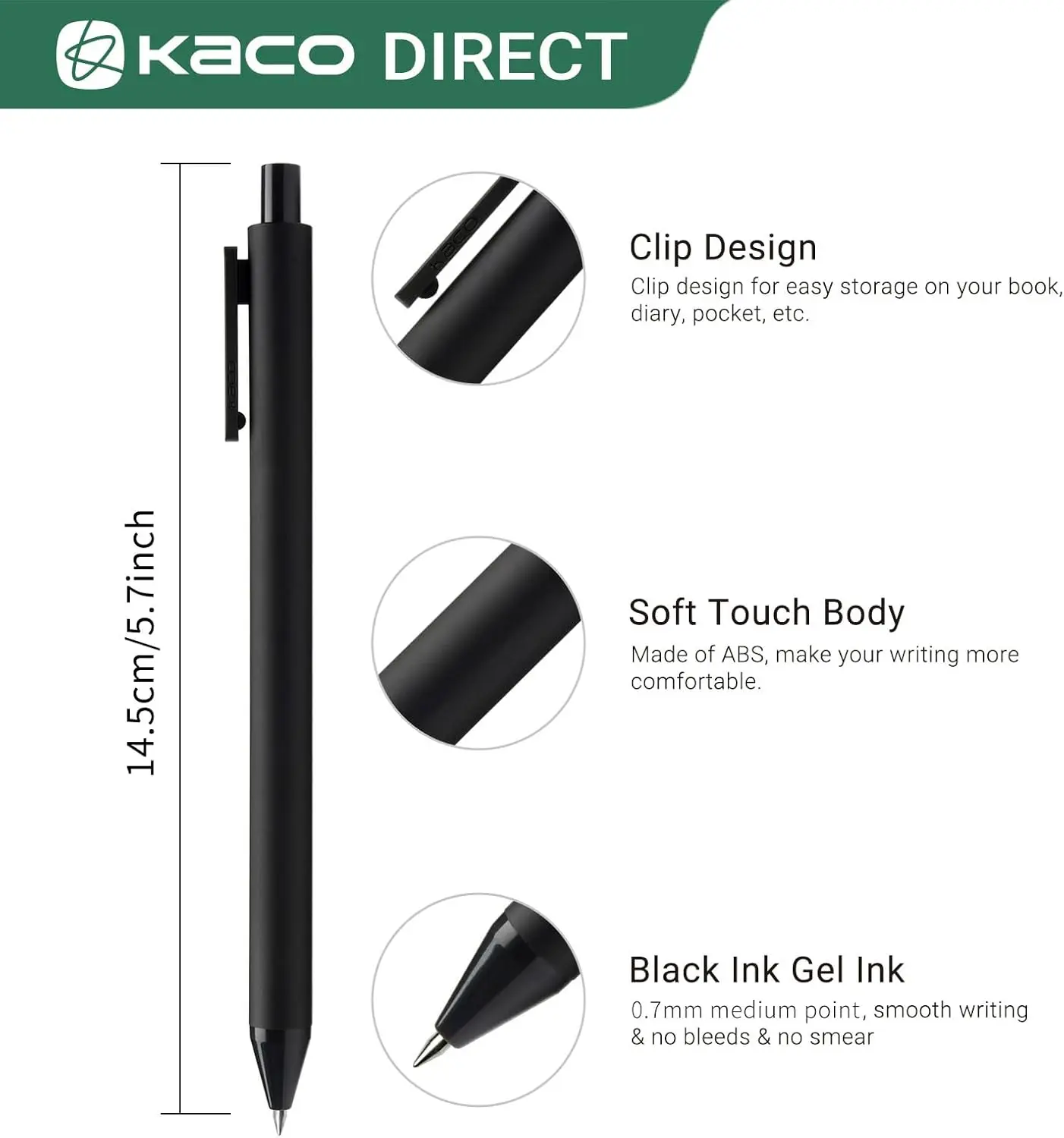 Kaco Pure Refillable Retractable Gel Pen Black Ink 0.5mm Medium Pen Tip 10 Pack Casual Quick-Drying Aesthetic Note Pen Office Su 6