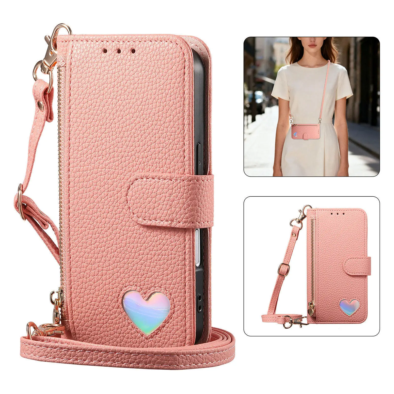 Crossbody Leather Shoulder Zip Wallet Case with Card Slots and Handy Strap