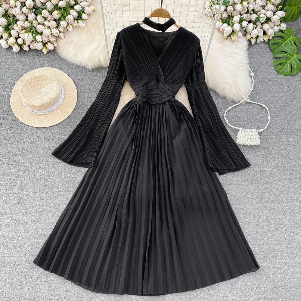 Autumn Flare Sleeve V-neck Midi Dresses for Women Solid Pleated A-line Elegant Party Dress Korean Fashion One Piece Vestidos New