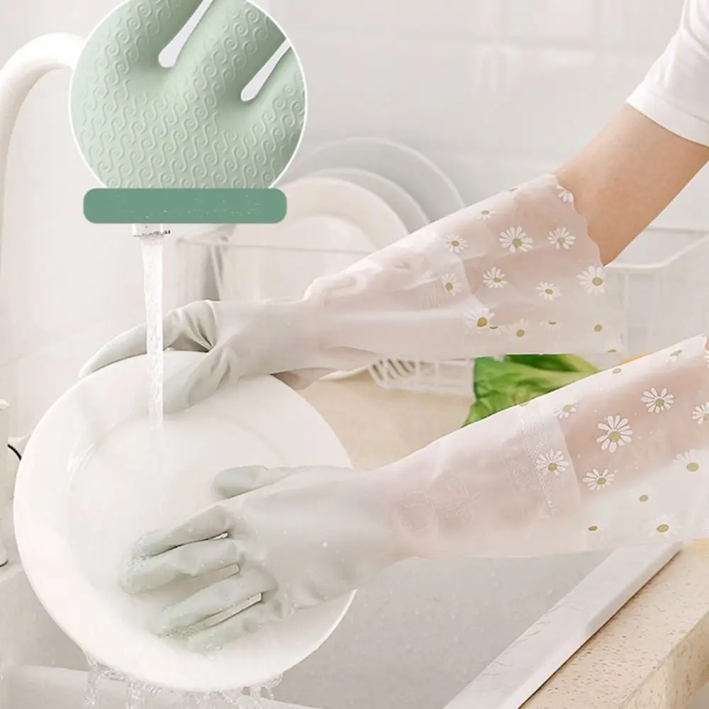 1 Pair Thermal Dishwashing Gloves Thick And Durable Cleaning Gloves Waterproof Household Scrubber Non-slip Kitchen Clean Tool