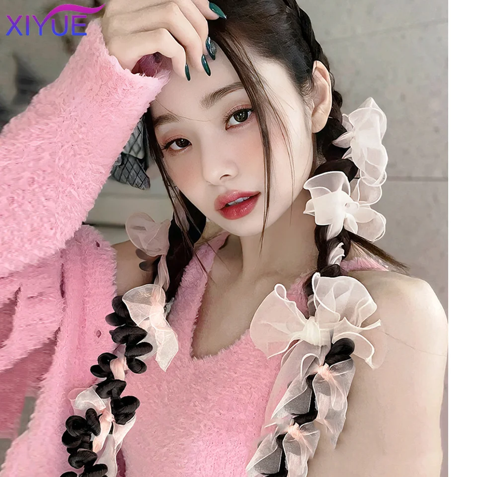 XIYUE 2PC Pink Ribbons tTwisted Tail Clip In Ponytail Hair Extension Heat Resistant Synthetic Natural Double Horse Tail