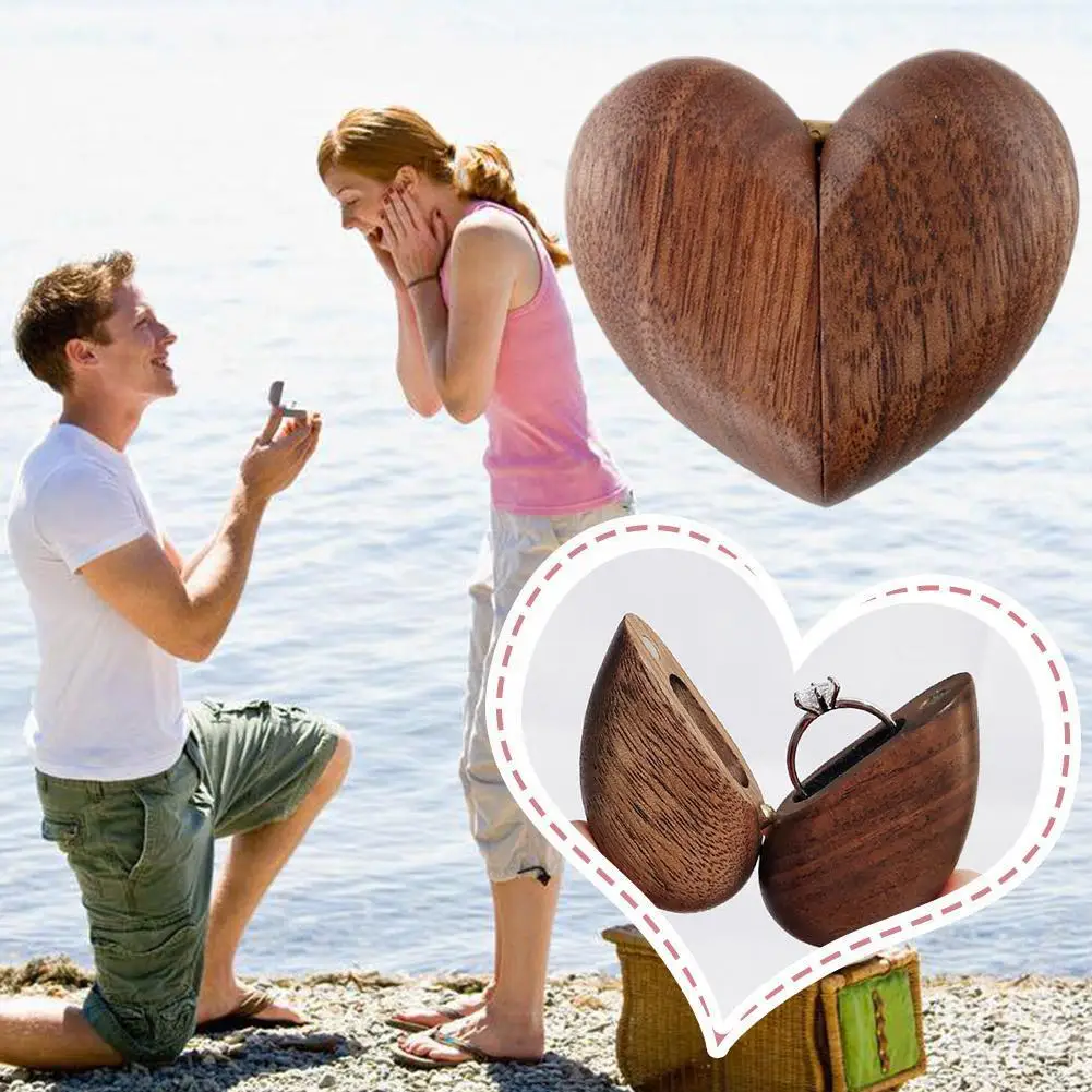Heart Shaped Walnut Wood Box Velvet Soft Interior Holder Organizer Jewelry Wooden Box Case For Proposal Engagement X8O1