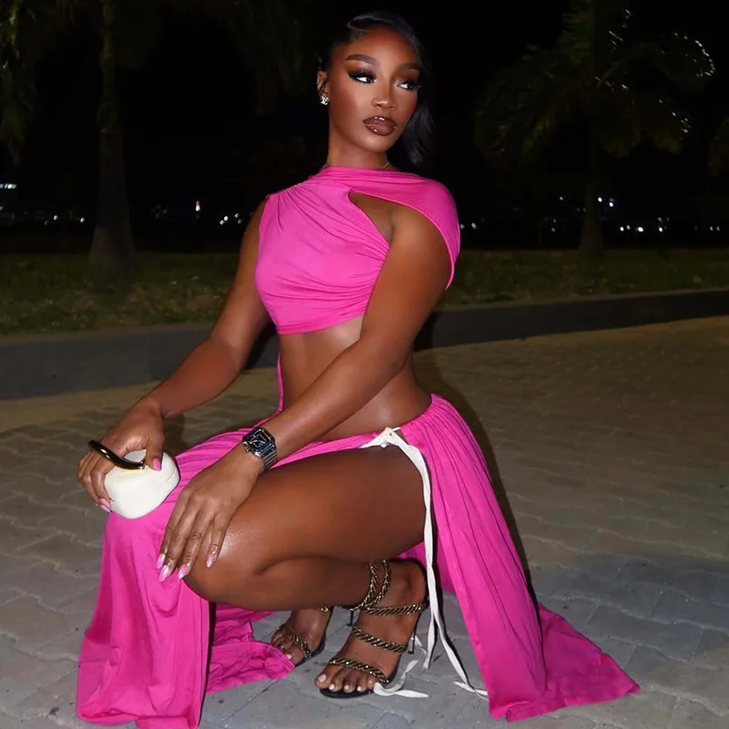 Spring and Summer New Fashion Solid Color Women's Irregular Hollow Vest Splicing Waist Dress Casual Beach Side Tie Long Dress