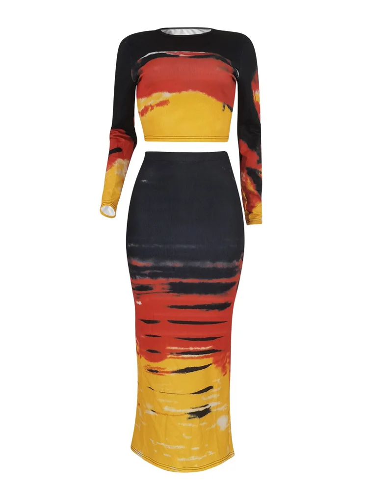 Wmstar Women Two Piece Set High Quality Pit Stripe Printed Fashionable Round Neck T-shirt Sexy Bag Skirt Wholesale Dropshpping