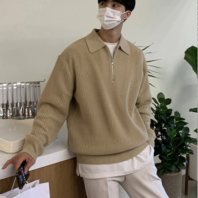 Autumn Winter Fashion Solid Harajuku Sweater Men All Match Tops Casual Loose Knitwear Long Sleeve Pullover Zipper Male Clothes