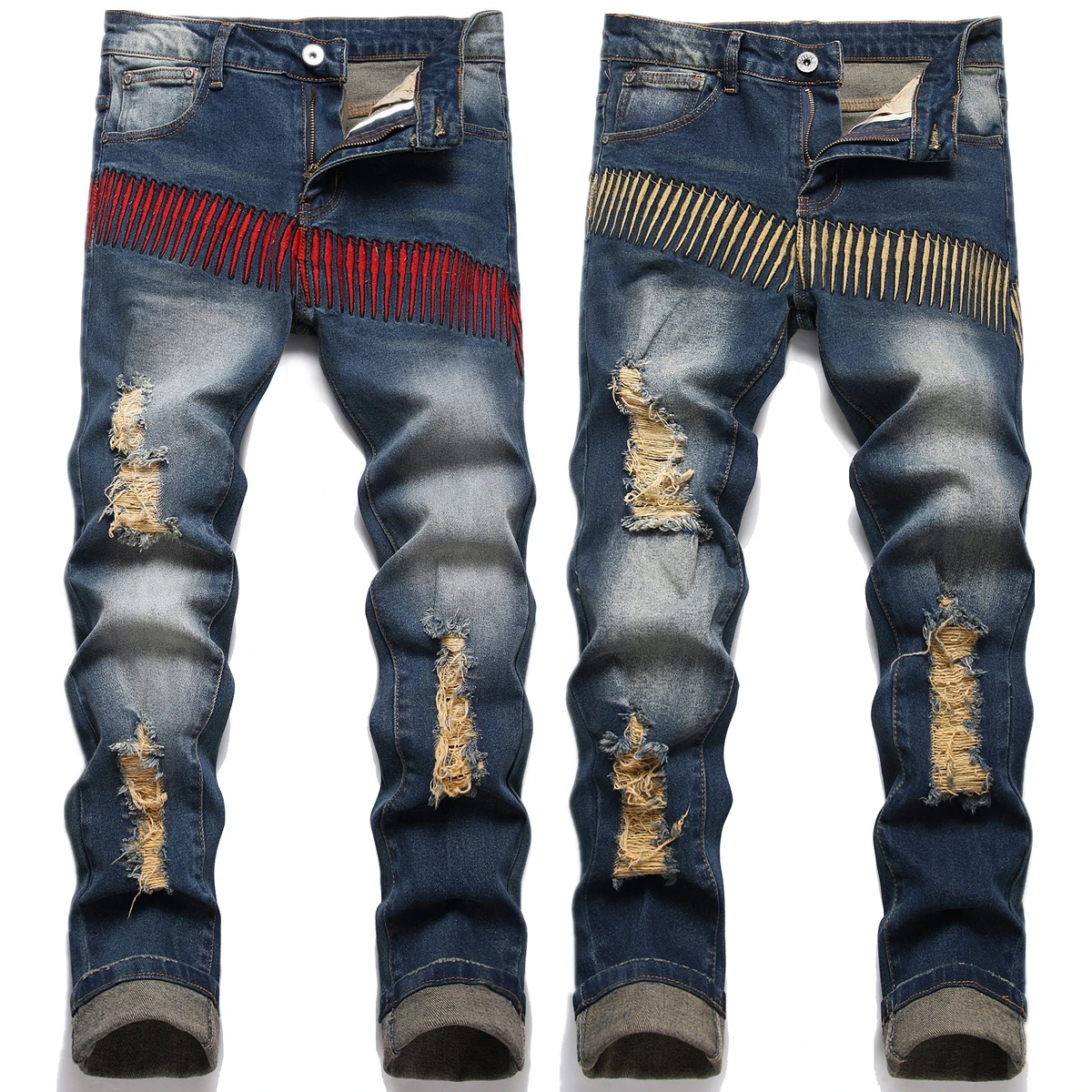 Light Luxury Men’s Slim fit Blue Denim Pants,Trendy Embroidery Decors