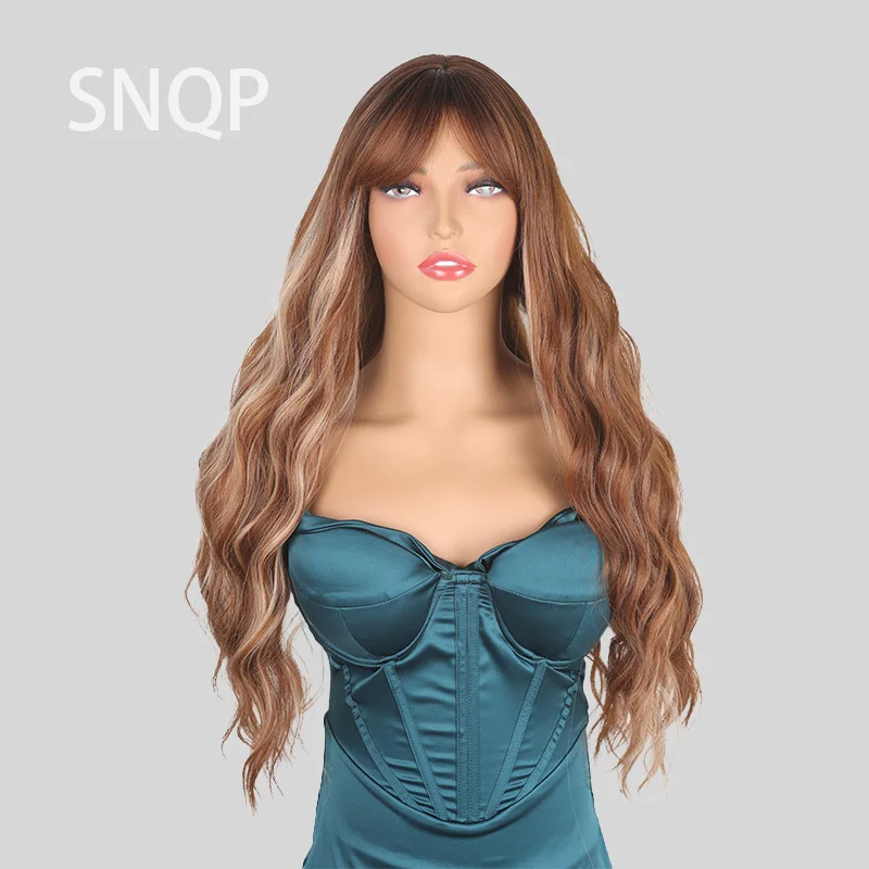 

SNQP 80cm Brown Long Curly Wig Center-parted New Stylish Hair Wig for Women Daily Cosplay Party Heat Resistant Natural Looking